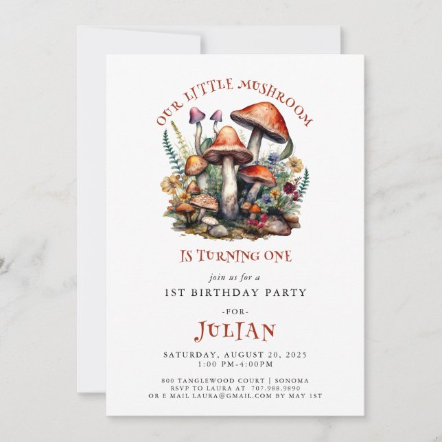 Invitación Hongos de Woodland Primer cumpleaños (Anverso)