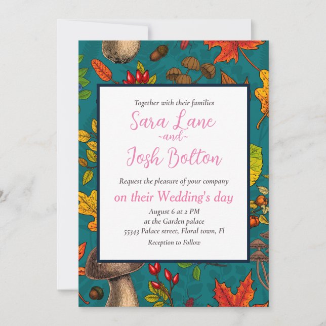 Invitación Hongos, hojas, nueces y bayas otoñales en azul (Anverso)