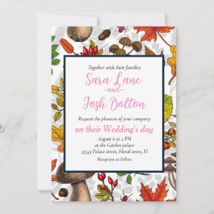 Invitación Hongos, hojas, nueces y bayas otoñales en blanco