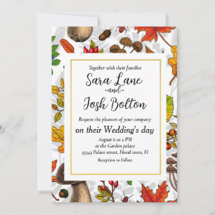 Invitación Hongos, hojas, nueces y bayas otoñales en blanco