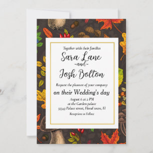 Invitación Hongos, hojas, nueces y bayas otoñales en la oscur