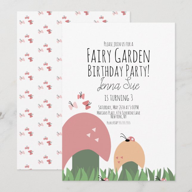 Invitación Hongos Jardín Hadas Mariquitas Mariposas (Anverso / Reverso)