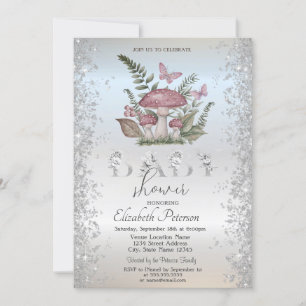 Invitación Hongos Mariposas Brillo Shower de Bebé Plateado