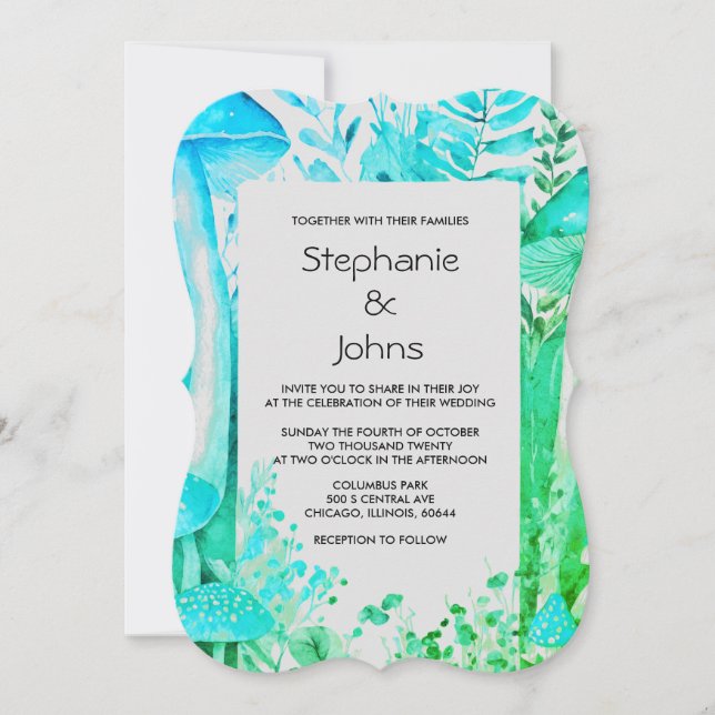 Invitación Hongos Woodland Verde azulado Azul Boda Blanco Neg (Anverso)