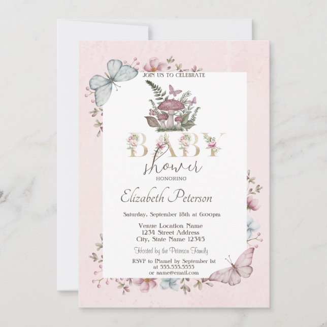 Invitación Hongos y mariposas lindas Fiesta de bebé rosa (Anverso)