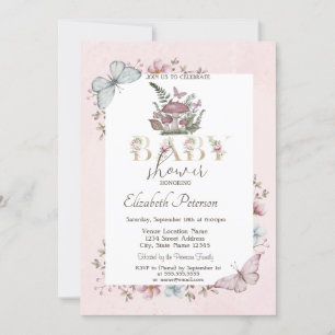 Invitación Hongos y mariposas lindas Fiesta de bebé rosa