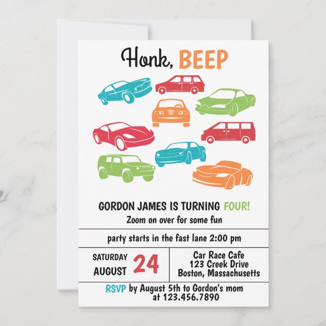 Invitación Honk Beep Automobile/Carros Fiesta de cumpleaños (Anverso)