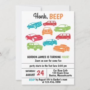 Invitación Honk Beep Automobile/Carros Fiesta de cumpleaños