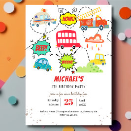 Invitación Honk beep vroom vehículos felices cumpleaños