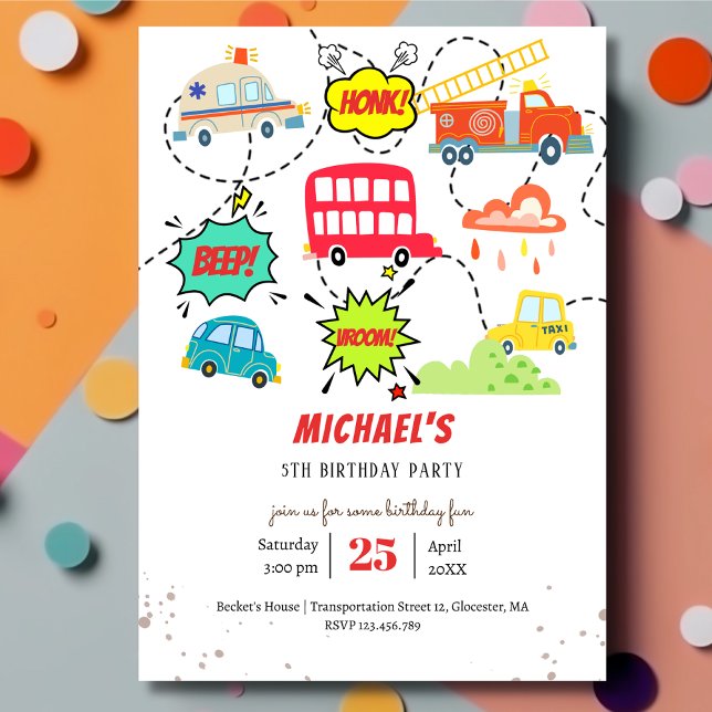 Invitación Honk beep vroom vehículos felices cumpleaños (Subido por el creador)
