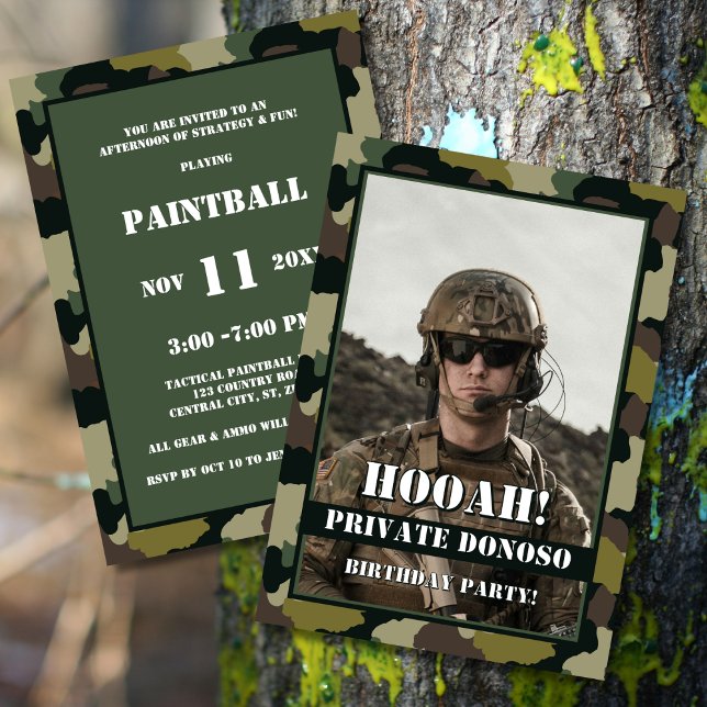 Invitación ¡Hooah! Camuflaje verde marrón foto fiesta de cump (Subido por el creador)