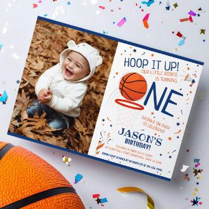 Invitación Hoop It Up Blue Photo Basketball Primer cumpleaños