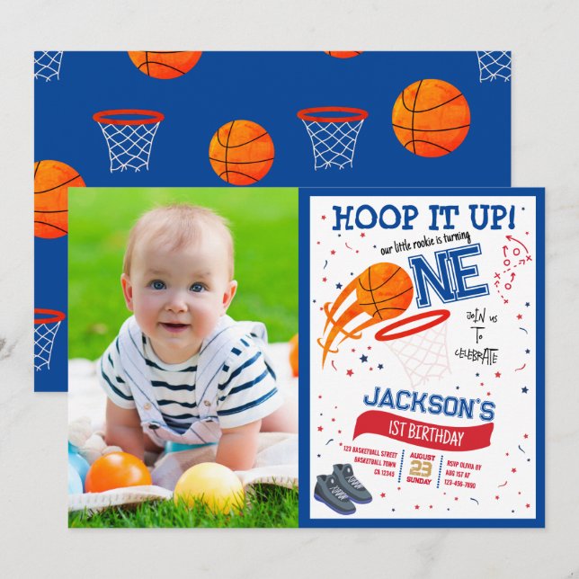 Invitación Hoop it Up Rookie Basketball Foto Primer cumpleaño (Anverso / Reverso)