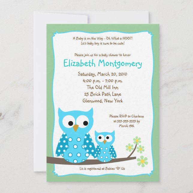 Invitación HOOT OWLS AZUE boy Baby Shower 5x7 (Anverso)