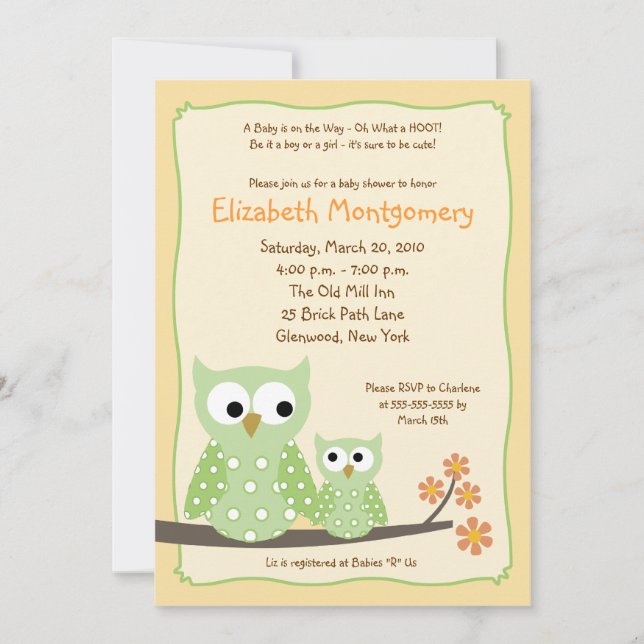 Invitación HOOT OWLS Green Neutral Baby Shower 5x7 (Anverso)