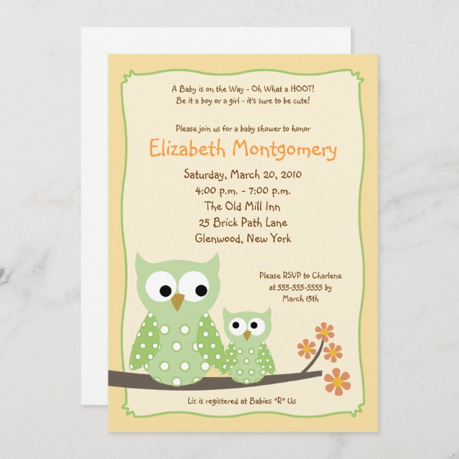 Invitación Hoot Owls Green Neutral Baby Shower (versión anter (Anverso / Reverso)