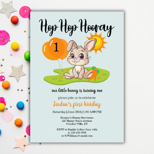 Invitación Hop Hop Hooray Cute un conejo 1er cumpleaños