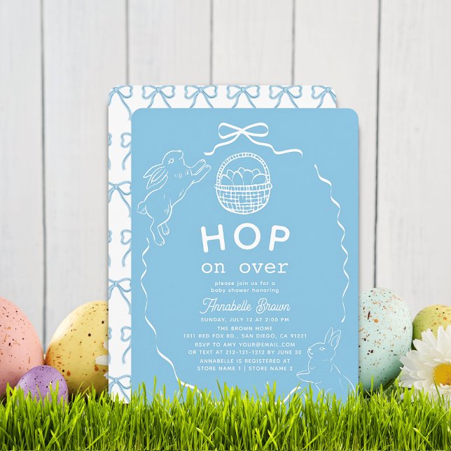 Invitación Hop on Over Blue Bow Bunny Boy Baby Shower (Subido por el creador)