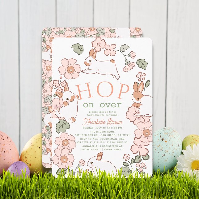 Invitación Hop on Over Bunny Boho Floral Girl Baby Shower (Subido por el creador)