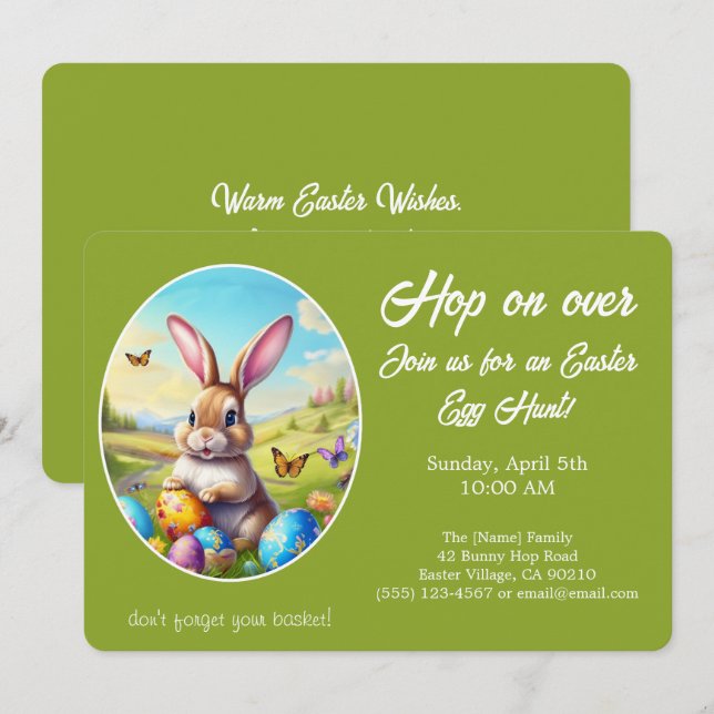 Invitación Hop on Over Easter Egg Hunt Bunny Green -  (Anverso / Reverso)