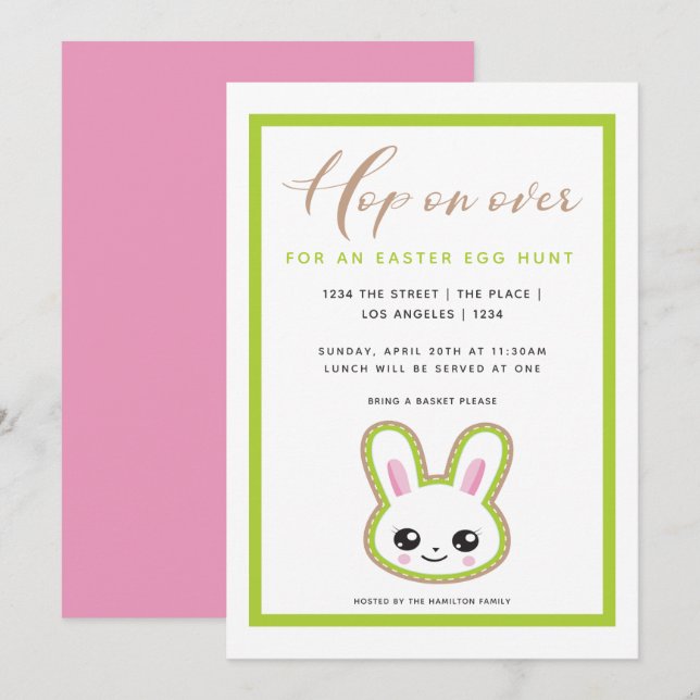 Invitación Hop On Over Easter Egt Hunt Bunny Personalizado (Anverso / Reverso)