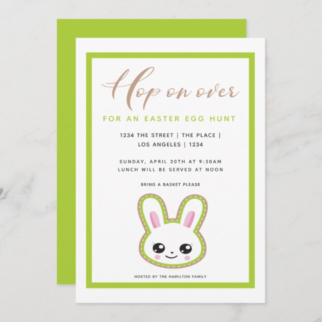 Invitación Hop On Over Easter Egt Hunt Bunny Personalizado (Anverso / Reverso)