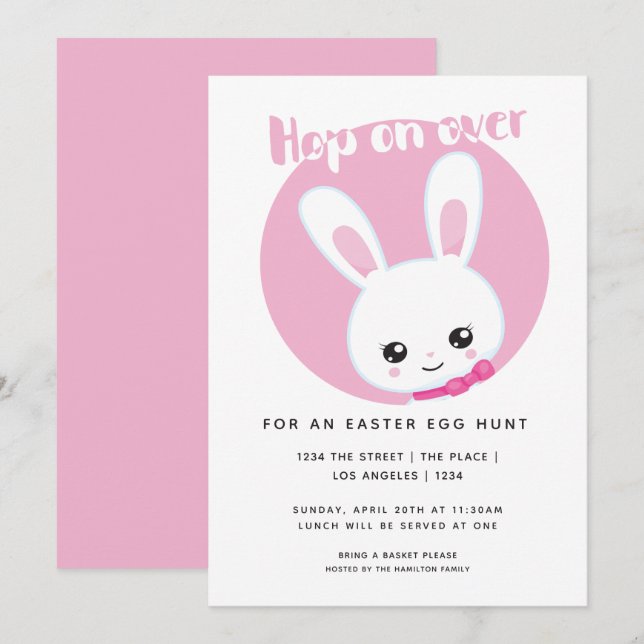 Invitación Hop On Over Easter Egt Hunt Cute Pink White Bunny (Anverso / Reverso)