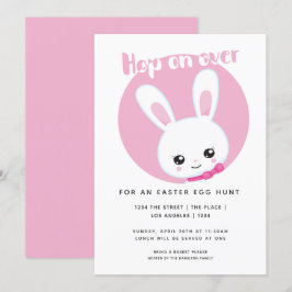 Invitación Hop On Over Easter Egt Hunt Cute Pink White Bunny