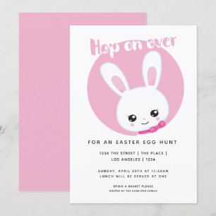 Invitación Hop On Over Easter Egt Hunt Cute Pink White Bunny