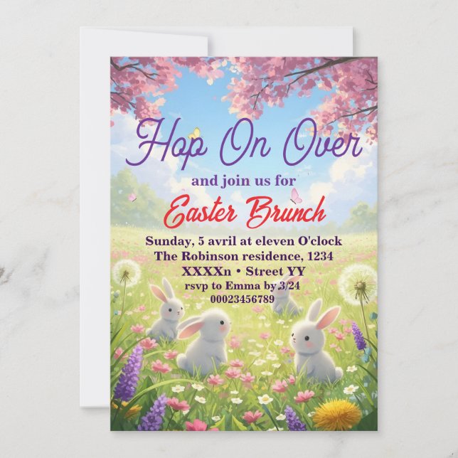 Invitación Hop on Over Easter Floral  Bunny Spring Brunch (Anverso)