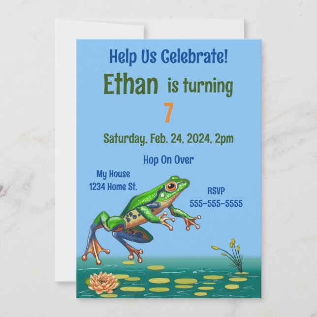 Invitación Hop On Over Frog Birday (Anverso)