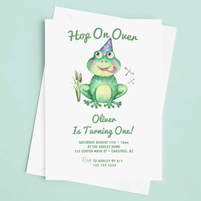 Invitación Hop On Over Green Frog Primer Cumpleaños (Subido por el creador)
