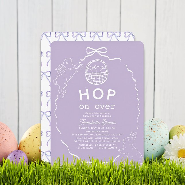 Invitación Hop on Over Lavender Bow Bunny Baby Shower (Subido por el creador)