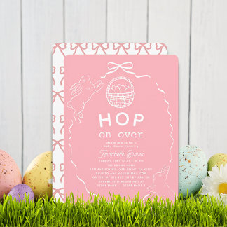 Invitación Hop on Over Pink Bow Girl Bunny Baby Shower