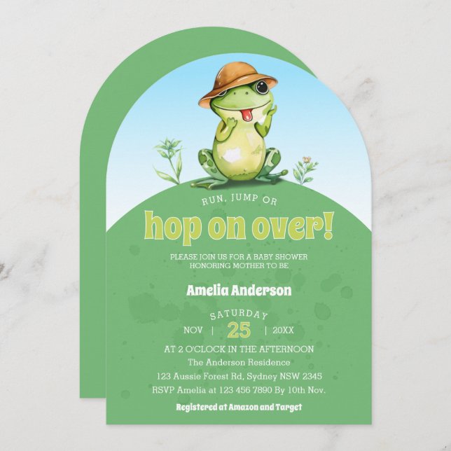 Invitación Hop On Over Watercolor Cute Frog Baby Shower (Anverso / Reverso)