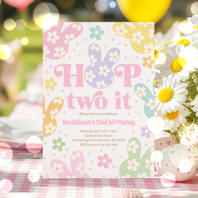 Invitación Hop Two It Bunny 2º cumpleaños Pastel Daisy Floral (Subido por el creador)