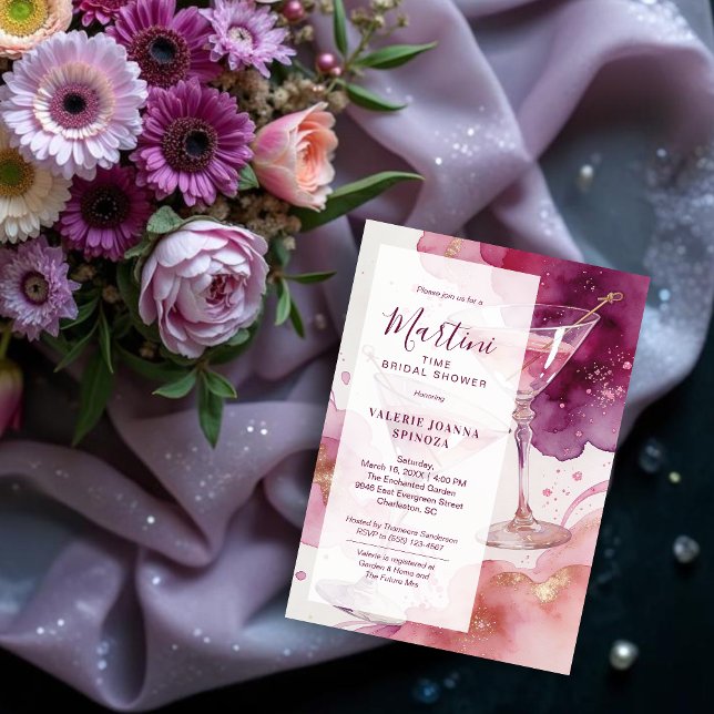 Invitación Hora Chic de Martini con Brillo para Despedida de  (Chic Martini Time Glitter Effect Bridal Shower Invitation Cards.)
