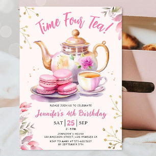 Invitación ¡Hora Cuatro Té! Chica Rosa 4 Fiesta de té de cump