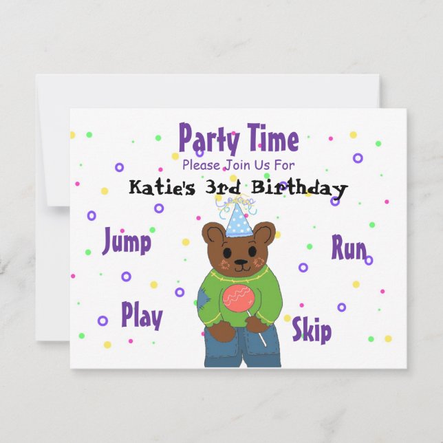 Invitación Hora de fiesta con osito de peluche (Anverso)