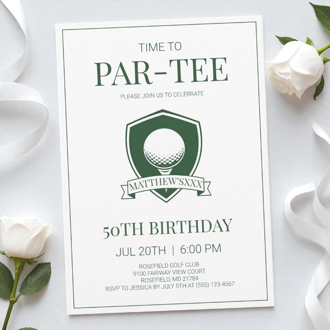 Invitación Hora de fiesta de cumpleaños 50 de golf Par-Tee Gr (Time to Par-Tee Green Golf 50th Birthday Party Invitation)