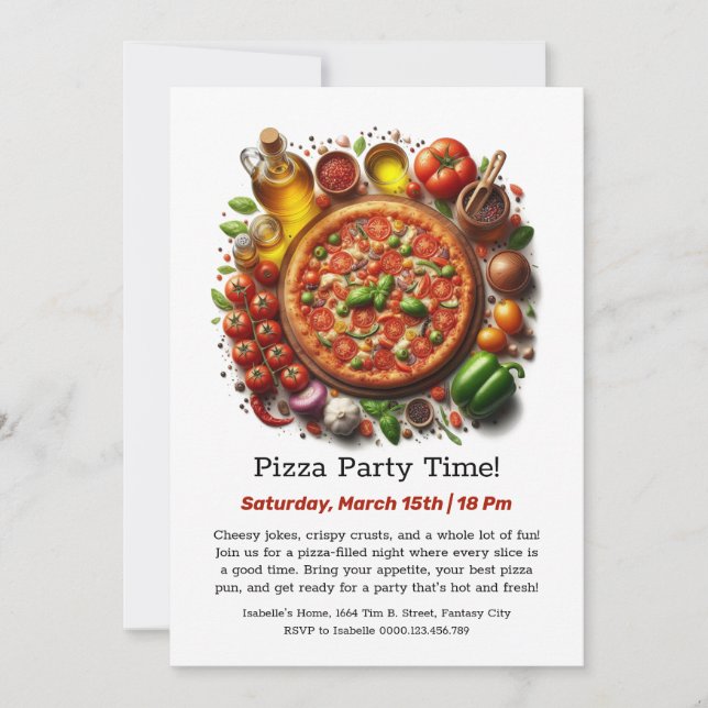 Invitación Hora de Fiesta de Pizza  Una Rebanada de Diversión (Anverso)