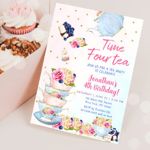 Invitación Hora de fiesta de té rosa para cumpleaños de té cu