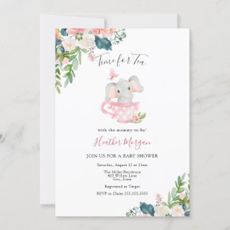 Invitación Hora de invitar a Baby Shower a un elefante de té