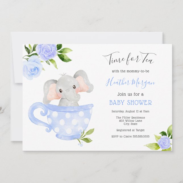 Invitación Hora de invitar a Baby Shower a un elefante de té (Anverso)