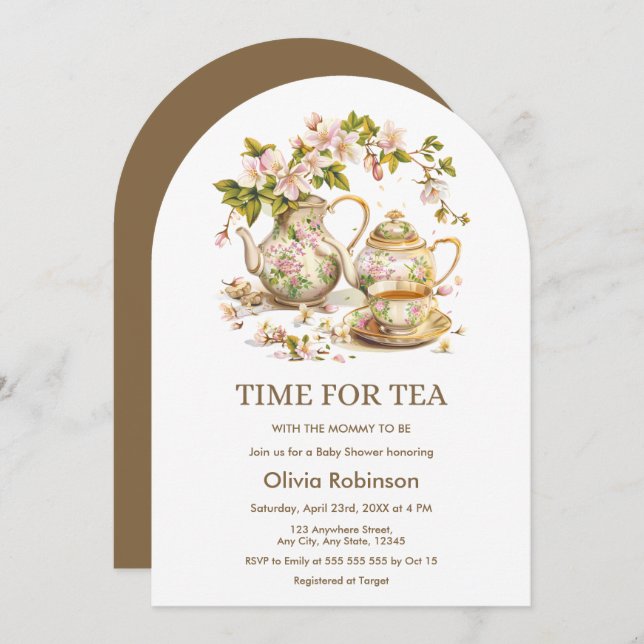 Invitación Hora de la floral de Teapot para el Baby Shower de (Anverso / Reverso)