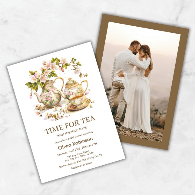 Invitación Hora de la tetera floral para la ducha de fotos de (Floral Teapot Time for Tea Photo Bridal Shower Invitation )