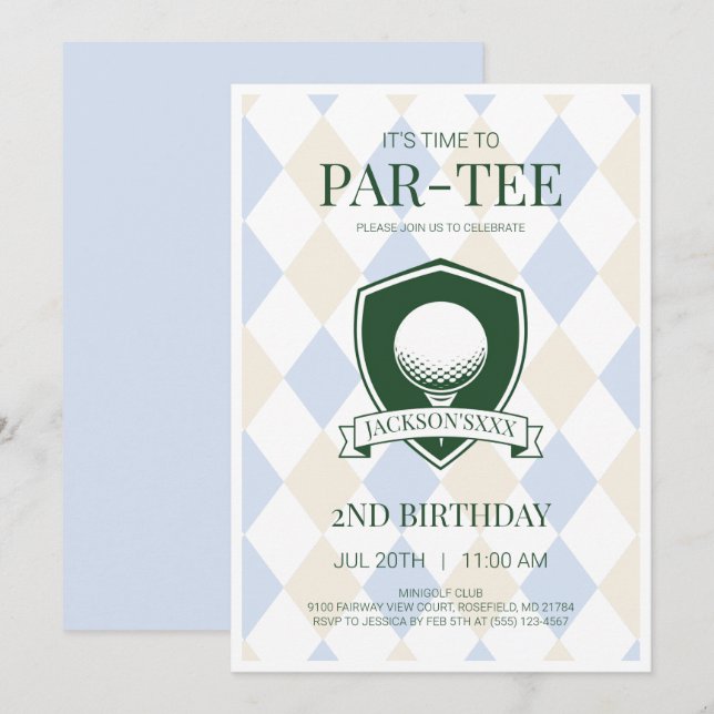 Invitación Hora de Par-Tee Blue Boys Golf 2do Cumpleaños (Anverso / Reverso)