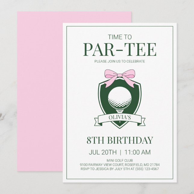 Invitación Hora de Par-Tee Lazo Rosa de Golf Cumpleaños 8 (Anverso / Reverso)