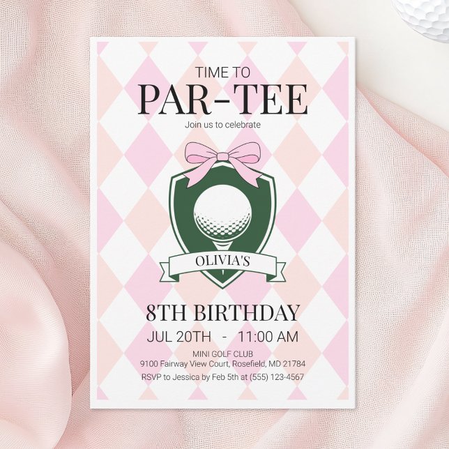 Invitación Hora de Par-Tee Pink Golf Fiesta de Cumpleaños 8 (Time to Par-Tee Pink Golf 8th Birthday Party Invitation)
