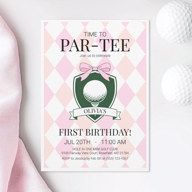 Invitación Hora de Par-Tee Pink Golf Primer Cumpleaños Party (Time to Par-Tee Pink Golf First Birthday Party Invitation)